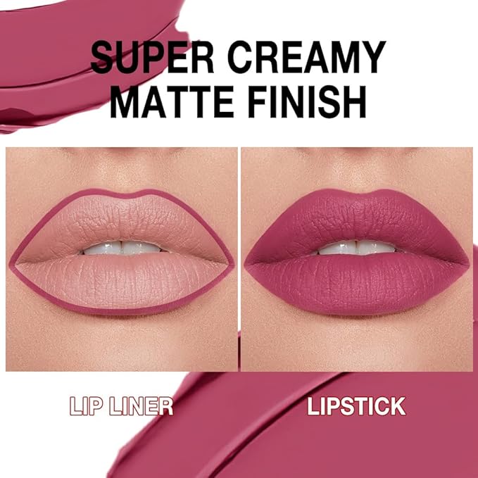 evpct Plum Rose Gradient Matte Lipstick Lip Liner Crayon Combo Pencil Set for Women Long Lasting Waterproof, Rose Purple Matte Cream Lip Liner and Lipstick Combo Makeup, Flawless Gradual Ombre Effect
