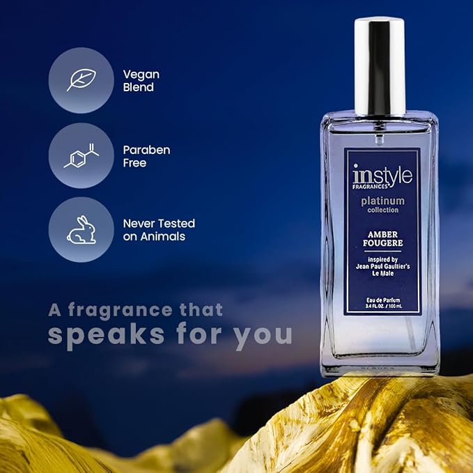InStyle Fragrances, Platinum Collection, Amber Fougere, Inspired by Jean Paul Gaultier’s Le Male, Men’s Eau de Parfum, CLEAN, Vegan, Paraben-Free, Never Tested on Animals, 3.4 Fluid Ounces
