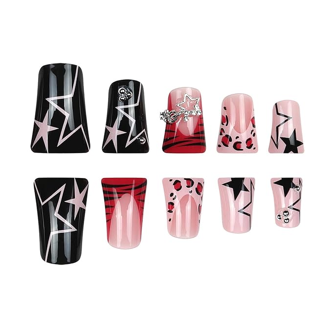 Duck Press on Nails Medium Fake Nails with Star Leopard Print Pearl Designs French Tip Nails Press ons Black Acrylic Nails for Women 24Pcs