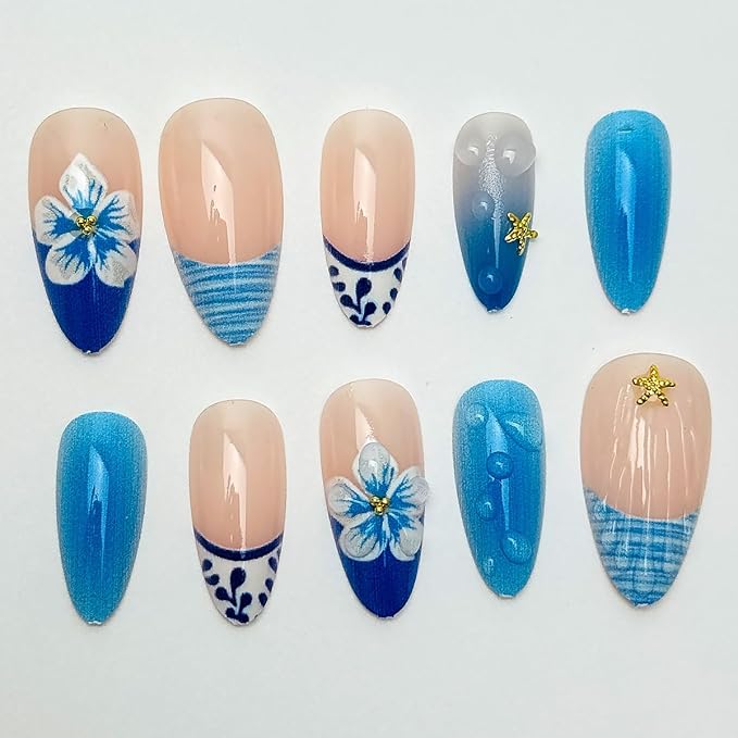 24Pcs Blue Flower Press on Nails Medium Almond Fake Nails with Gold Starfish Water Ripple Design French Tip False Nails Beach Stick on Nails Full Cover Artificial Glue on Nails for Women DIY Manicure