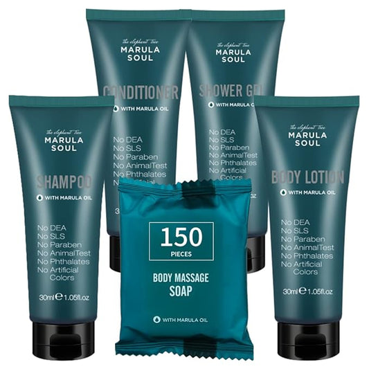 OPPEAL Marula Soul Travel Size Toiletries 5-Piece Set | 1 oz Shampoo, Conditioner, Body Wash & Body Lotion, Facial Soap | Ambergris Scent | 150 Pcs Total | Ample Bulk for Guests