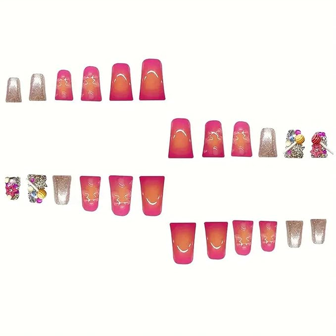 Duck Press on Nails Medium Fake Nails with Candy Star Rhinestones Charms Designs Gradient Nails Press ons Pink Acrylic Nails for Women 24Pcs
