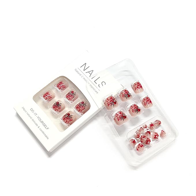 24Pcs French Tip Press on Toenails Short Square Fake Toe Nails with Bloody Designs 3D Spider False Toenails Glue on Nails Halloween Acrylic Nails Press on Spider Rhinestones Stick on Nails for Women