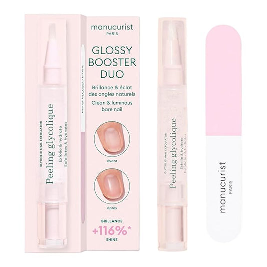 Manucurist Glossy Booster Duo – Nail Care Kit with Glycolic Exfoliating Peel & Nail Buffer Block – Natural Shiny Nails Without Polish – Instant Shine – Manicure Kit for Women