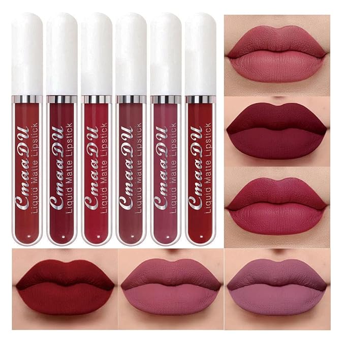 evpct 6Pcs Lipstick Matte Liquid Lipstick Lipgloss Set for Women, Dark Plum Wine Rose Mauve Red Nude Pink labiales mate 24 horas originales matte larga duracion 24 Hour Lipstick A-02