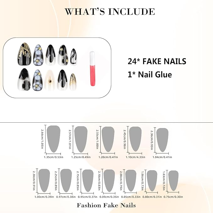 IMRAIN Press on Nails Medium Almond Fake Nails Black Ombre False Nails Full Cover Artificial Glue on Nails with White Golden Designs Stick on Nails for Women DIY Nail Art