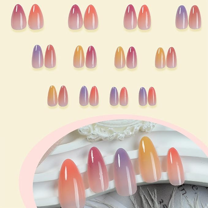 IMRAIN Rainbow Press on Nails Medium Almond Fake Nails Colorful Gradient False Nails with Designs Summer Glossy Glue on Nails Full Cover Acrylic Nail Supplies 24Pcs Stick on Nails