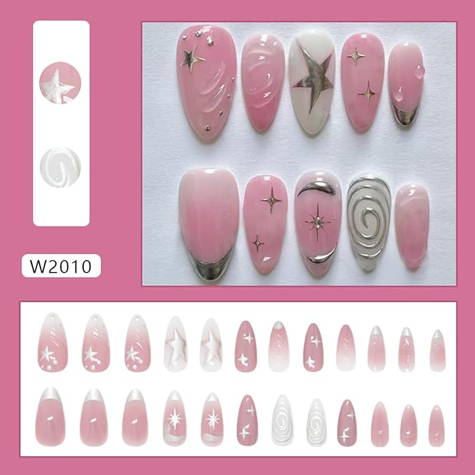 24Pcs Pink Press on Nails Medium Almond Fake Nails with Irregular Silver Star Designs Stick on Nails French Tip Nails Reusable Acrylic Nails Full Cover Artificial Glue on Nails for Women Nail Supplies