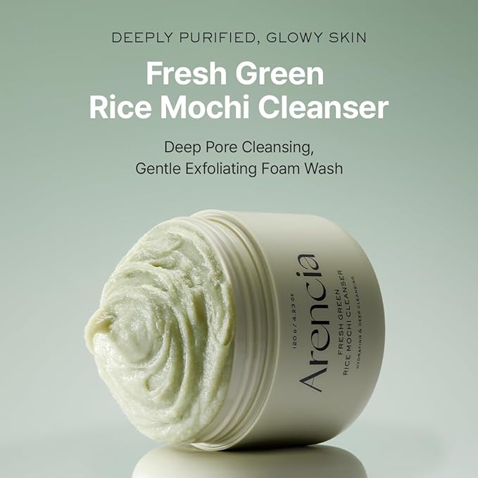ARENCIA Korean Rice Mochi Face Cleanser - Face Wash, Gentle Scrub All in One for Deep Cleansing, Moisturizing, Pore Minimizing, Acne-Prone Skin, Removing Blackhead with Rice Water & Green Tea