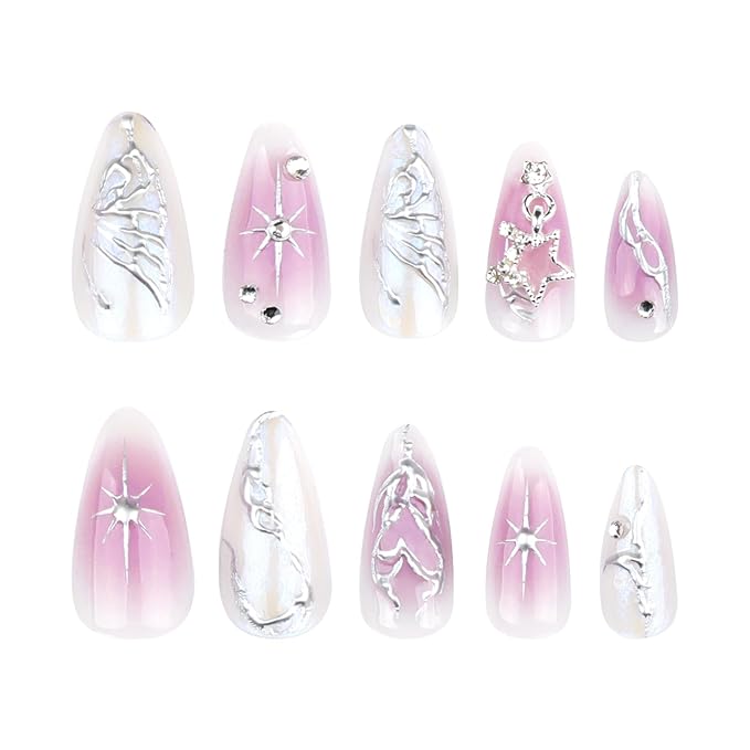 Handmade 3D Silver Butterfly Star Press On Nails Medium Almond, Silver Cute Charms Designer Reusable Acrylic Fake Nails With Glue On Nail, Nails Press Ons Daily Wear False Nails For Women