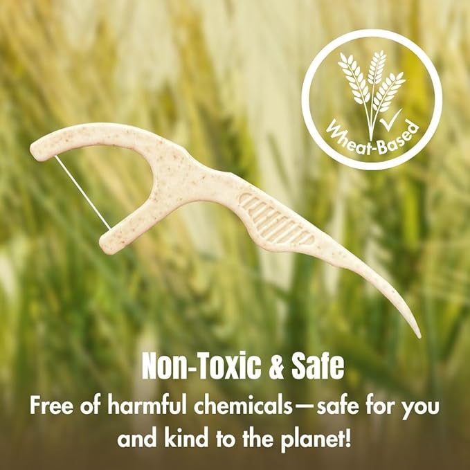 Plant Based Naturally Mint Infused Floss Picks(220pcs) with Travel Case | Biodegradable Straw Wheat Handle | Thin Single Thread Flosser, Shred-Resistant- Easy Glide for Plaque Removal & Gentle on Gum