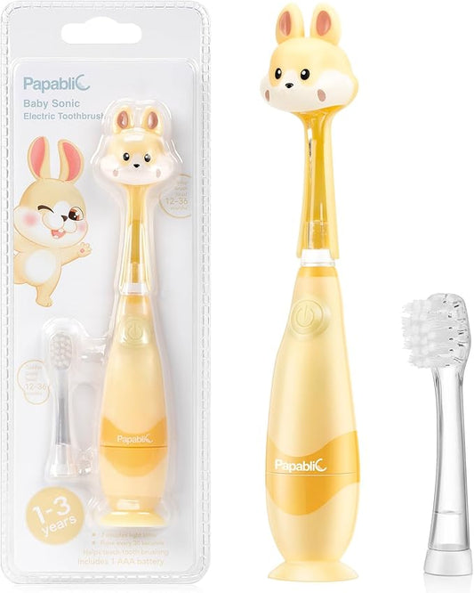 Papablic Toddler Sonic Electric Toothbrush Kids for Ages 1-3 Years, Baby Electric Toothbrush with Cute Rabbit Cover and Smart LED Timer, 2 Brush Heads (Bunny)