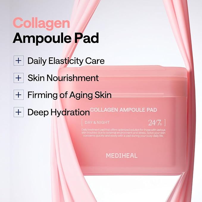 MEDIHEAL Toner Pads [Collagen] - Ampoule Toner Pad with Collagen & Ceramide - Skin Firming & Restore Elasticity & Deep Hydration - Tighten Wrinkles & Lines - Vegan Moisturizing Fabric (100 Count)
