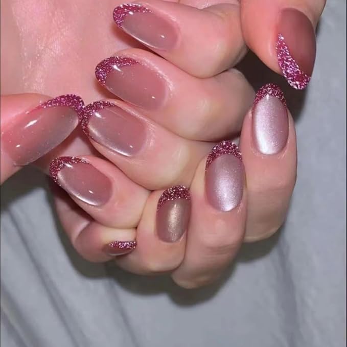 Short Almond Press on Nails French Tip Nude Pink Fake Nails Cat eye Glitter Stick on Nail for Women 24pcs