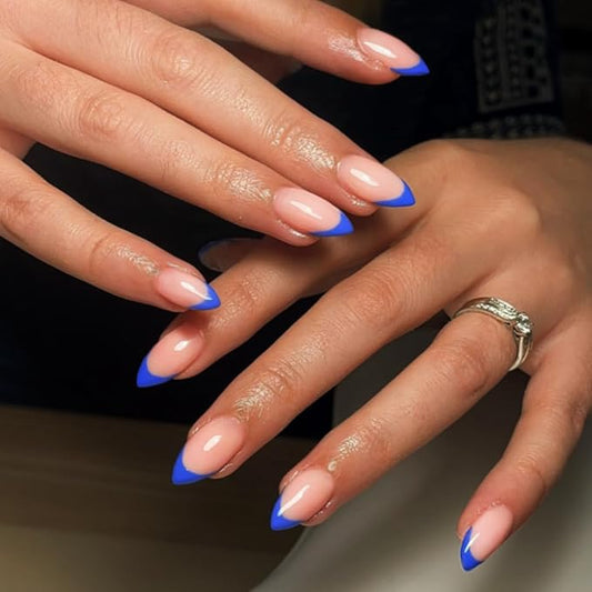 30 Pcs Royal Blue French Tip Press on Nails Short Almond, Acrylic Fake Nails with Glue Medium Stiletto Shape, Acrylic Natural Navy Blue Glue on Nails for Women, 15 Sizes