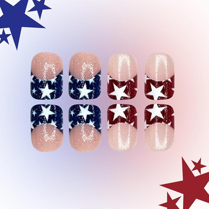 4th of July Press on Nails Short Square Independence Day Fake Nails Red Blue French Tip Glue on Nails with Glitter Star Designs Full Cover Acrylic Stick on Artificial False Nails for Women Girls 24Pcs