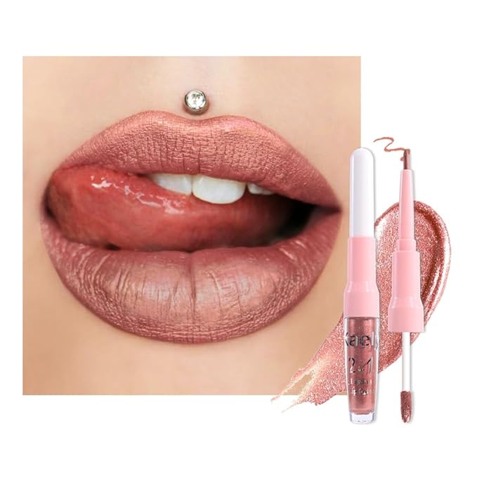 evpct Bronze Gold Metallic Glitter Lip Liner and Lipstick Combo Lip Gloss Stain Set Makeup for Women Long Lasting Waterproof 24, Rose Gold Metallic Shimmer Frosted Iridescent Glossy Liquid Lipstick 14