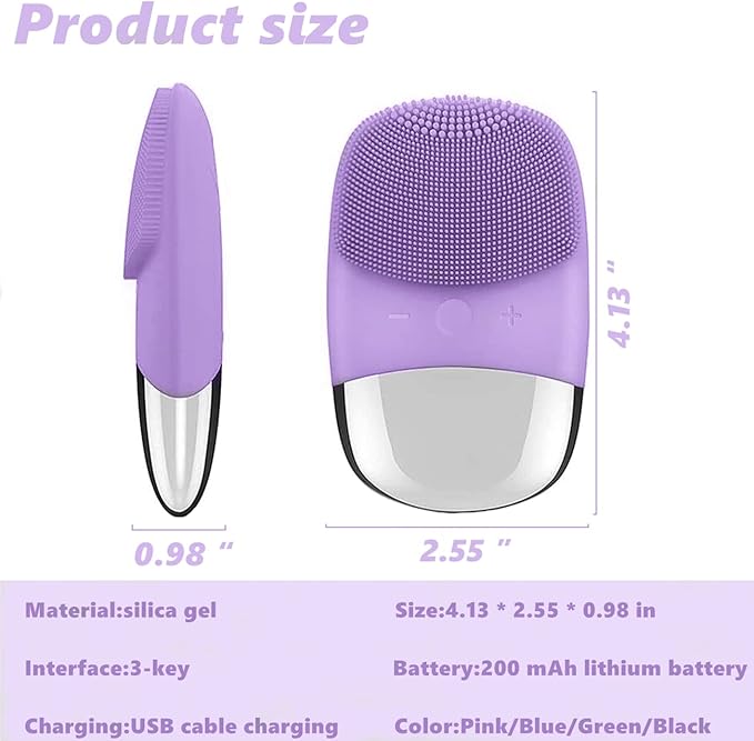 MEGAN Facial Cleansing Brush,USB Rechargeble Electric Silicone Face Scrubber,IPX7 Waterproof Sonic Facial Massager, 3 in 1 face Brush for Deep Cleanning, Blackhead Remover, Exfoliating. (Purple)