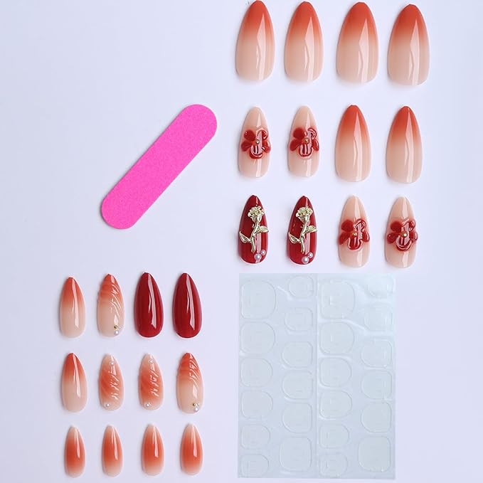 Long Press on Nails Almond Nude False Nails with Gold Rose Nude Gradient Fake Nail for Party Stick on Nail for Women 24pcs