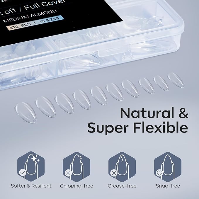 Modelones Almond Fake Nail Tips -510Pcs Medium Soft Gel Nail Tips Almond Shape Pre Etched Half Matte Full Cover Clear Acrylic Gel Kit False Press on for Extension Manicure Salon DIY at Home 15 Sizes