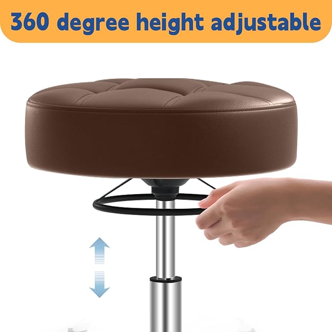 YEEZEE Rolling Stool Heavy Duty 400lb: Super Soft Leather Seat Cushion, 360 Swivel, Height Adjustable 19.7"-25.3", No Squeaky Noises, No Tip Over, Salon & Spa Stool, Brown