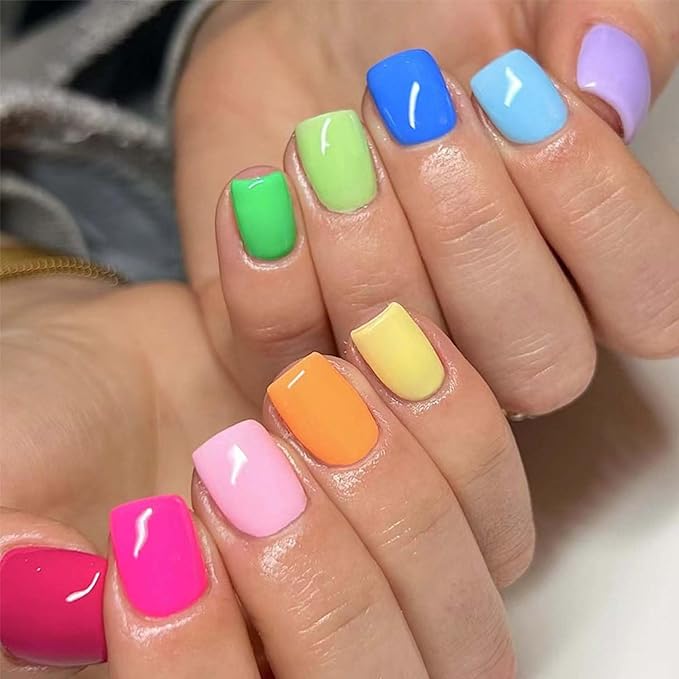 Short Press On Nails Square Fake Nails Colorful With Design Summer False Nails Acrylic Artificial Nails Glossy Glue On Nails Reusable Full Cover Stick On Nails For Women Manicure Decorations 24pcs