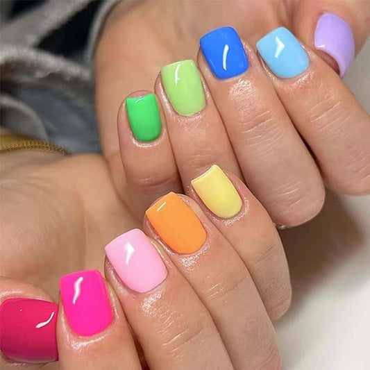 Short Press On Nails Square Fake Nails Colorful With Design Summer False Nails Acrylic Artificial Nails Glossy Glue On Nails Reusable Full Cover Stick On Nails For Women Manicure Decorations 24pcs