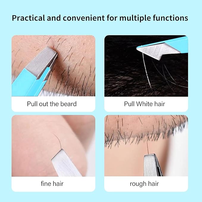 Tweezers Set, High Precision Stainless Steel Eyebrow Tweezers for Facial Hair, Inward Growing Hair and Splinter Remover Kit, Suitable for Women and Men, Pink and Black 4-Piece Set. (Blue)