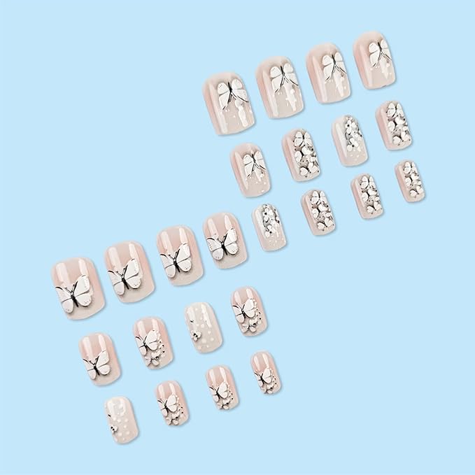 24Pcs White Press on Nails 3D Butterfly Stick on Nails Short Square Acrylic False Nails Glossy Black Gradient Fake Nails Polk Dot Gel Glue on Nails for Coquette Women Girls