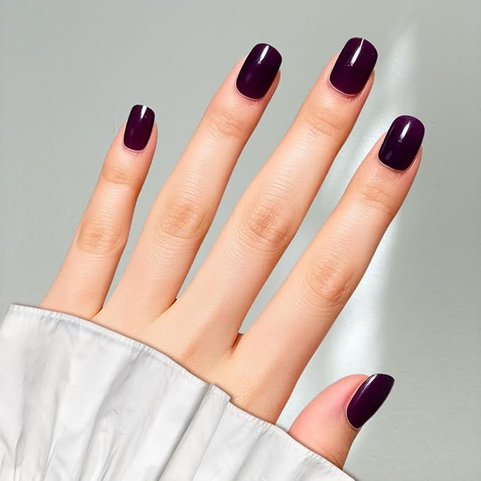 Perfect Look Press On Nails - Velvet Plum | No Glue One-Day Short Squoval Nails, Glossy Deep Purple Nails for Daily Wear - 24 Pcs Nail Kit with Adhesive Tabs