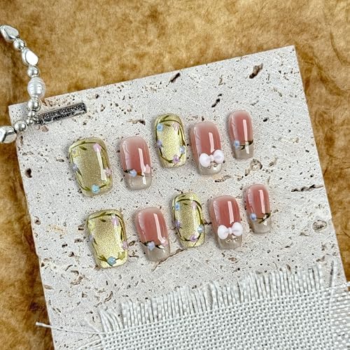 Large-Golden Garden Fake Nails Press-On Manicure Kit for Women | French Tip 10 Nails | Nail Glue, Dual Nail File, Cuticle Stick, Buffer Block | Measure Before Ordering