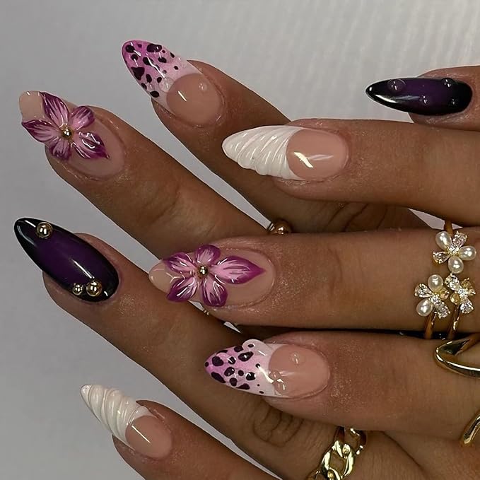 Flowers Fake Nails French Tip Press on Nails 3D Purple Floral Acrylic Nails Medium Almond False Nails with Designs Nail Charm Glue on Nails Soft Gel Wavy Artificial Nails for Women Girls Manicure Art