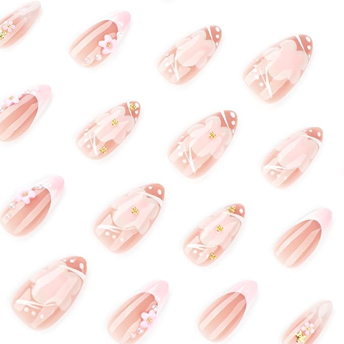 24pcs White French Tip Press on Nails Short Almond Fake Nails with 3D Pink Flower Pearl Designs Gold Beads Stick on Nails Summer False Nail Tips Cute Floral Acrylic Nails Glue on Nails for Women