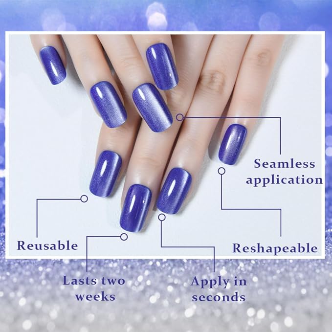 Cat Eye Blue Press On Nails Medium Long Length Square, Designer Reusable Acrylic Fake Nail with Glue, Glossy Gel Nails Wedding Party, Stick On Glue On Nail, Nails Press Ons for Women