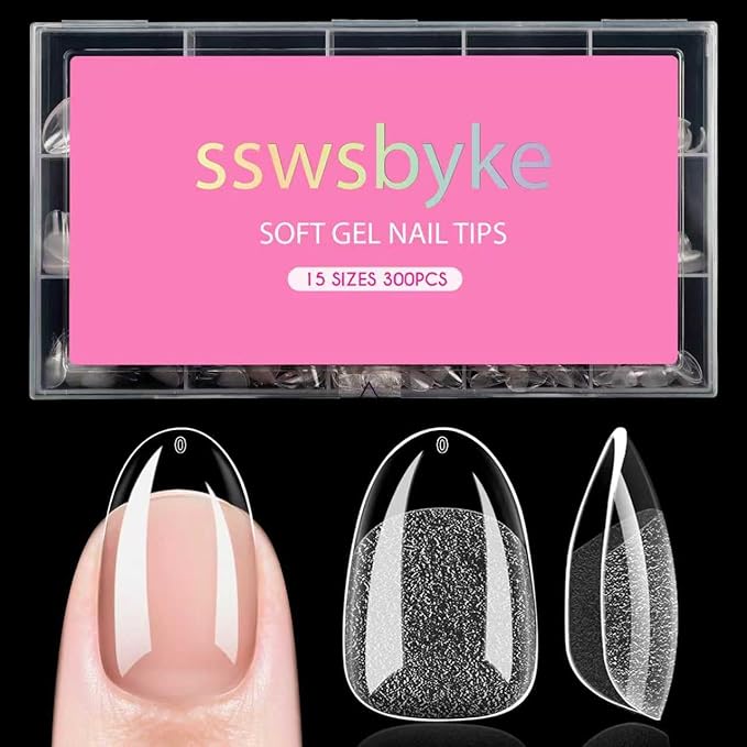 Short Almond Nail Tips, SSWSBYKE 300pcs 15 Sizes Gel Acrylic Nail Tips for Full Cover Pre-Shaped Fake Nails Tips Half Matte Press On Nails for Extension Home DIY Salon