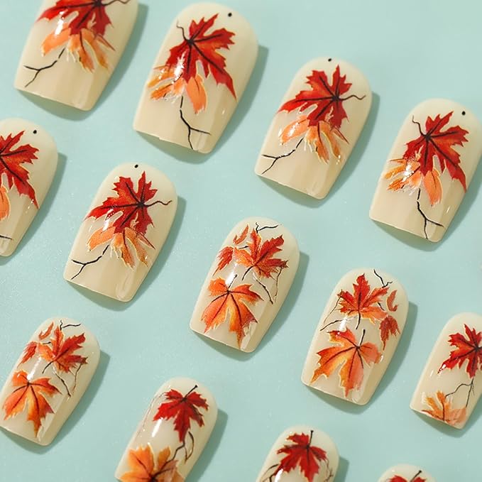 Fall Press on Nails Short Maple Leaf Fake Nails Glossy Full Cover Thanksgiving Glue on Nail Maple Leaves Acrylic Nails Autumn False Nail Square Stick on Nail for Women Holiday Manicure Tips 24Pcs