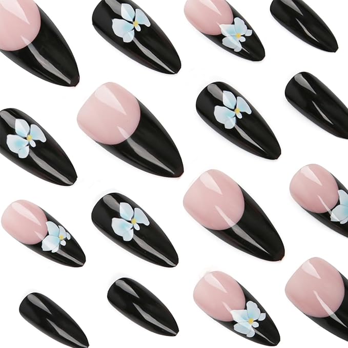 IMRAIN French Tip Press on Nails Medium Almond Fake Nails with Blue Flower Designs Black French False Nails Full Cover Glossy Glue on Nails Acrylic Artificial Nails for Women Girls Manicure