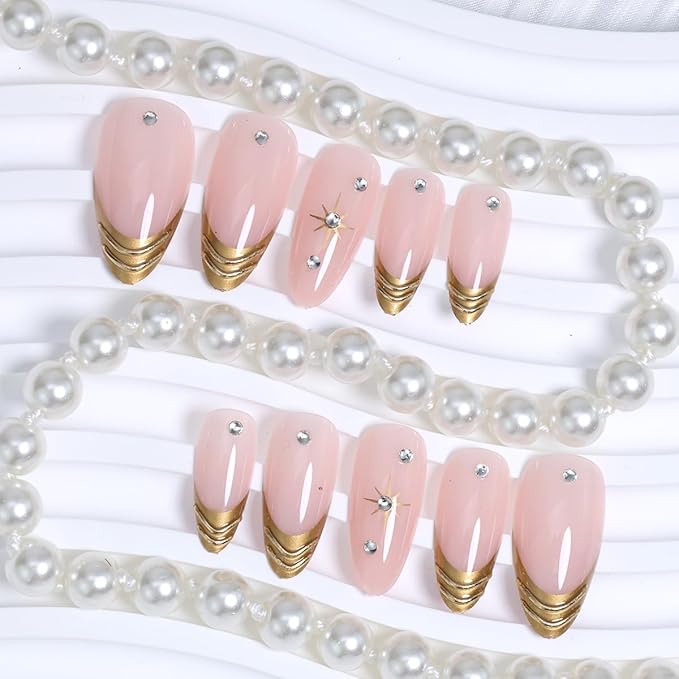 24Pcs Gold French Tip Press on Nails Medium Almond Fake Nails Gold Star with Rhinestones Glitter Full Cover Acrylic Nails Glue on Nails French False Nails Glossy Stick on Nails for Women Manicure Tips