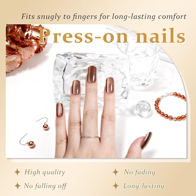 Nude Brown Cat Eye Press on Nails Medium Square, Medium Square Press Glue on Nails Chrome for Women Gift, Brown Holographic Glitter Glossy Reusable Soft Gel Acrylic Fake Nail with Design Cateye Effect