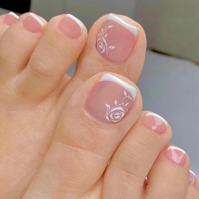 6 Packs (144 Pcs) Press on Toenails, French Tip, Pink, Flower, Glue on, Gel, Stick on, 12 Sizes-6 Styles