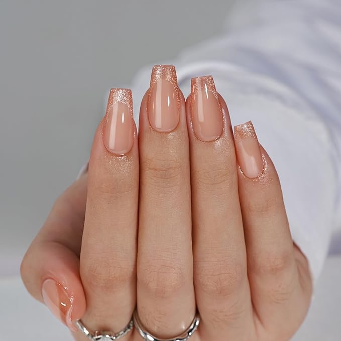 BTArtbox Press on Nails Coffin - Gold Rose French Tips Press On Nails Short for Women, Cat Eye Nail Tips, Glitter Fake Nails with Glue, Glue On Nails in 16 Sizes - 30 Nail Kit, Gold Dust