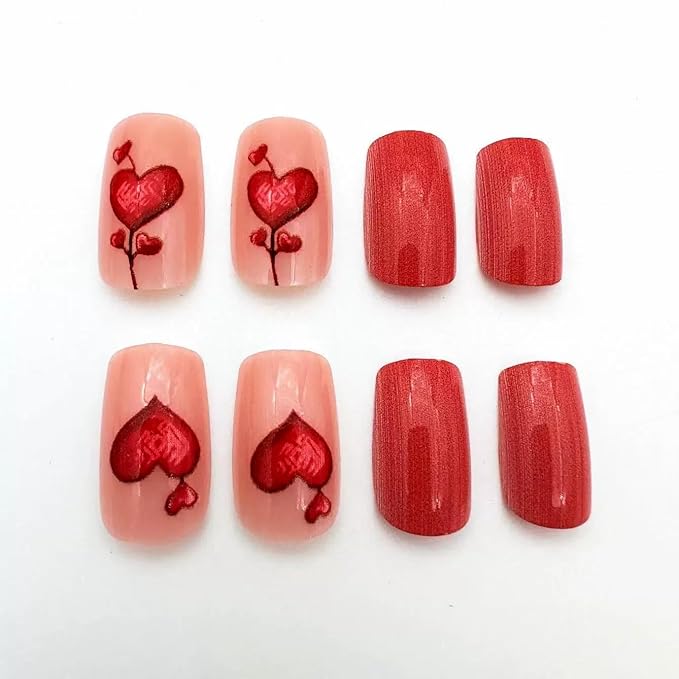 Red Press on Nails Short Square Fake Nails Heart Acrylic Nails False Nails Clossy Stick on Nails Cute Artificial Nails for Women Girls Manicure 24Pcs