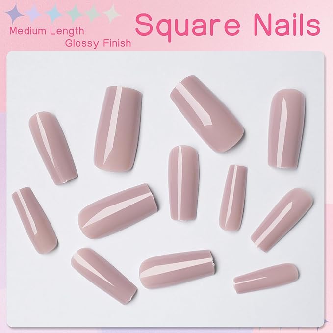 LuckForever 240pc Square Press on Nails Long Fake Nails Glue Press on Nails Square Nail Tips Full Cover Nude Tan Acrylic Nails Press ons Nail False Fingernail with Glue Adhesive Tabs for Women Girls