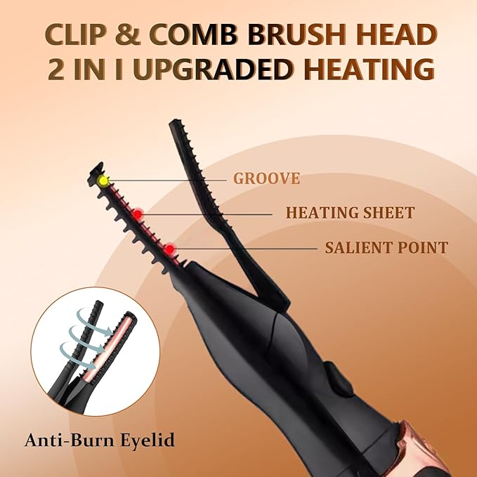 Heated Eyelash Curler, 2-in-1 Clip-Type Design, 3 Temperature Modes, USB Rechargeable Electric Eyelash Curler, Natural Curling 24H Long-Lasting Curl, Gift for Women & Girls, Black CE