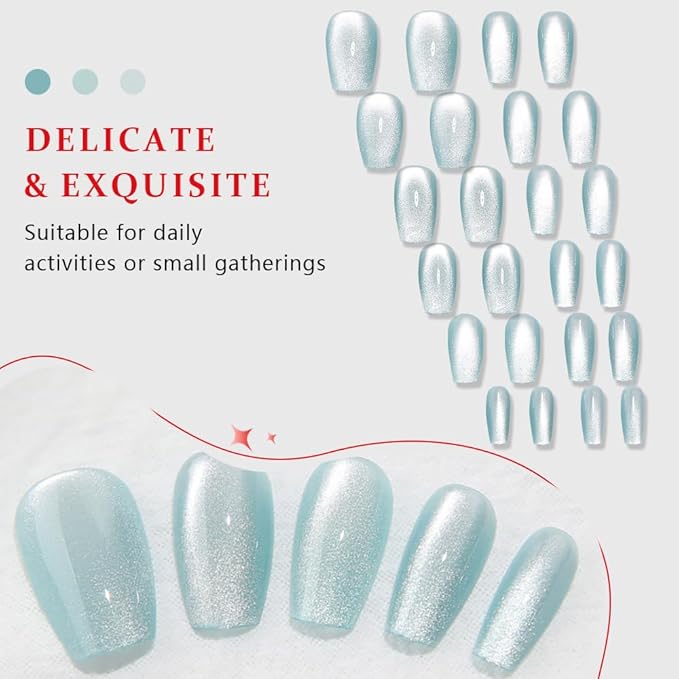 evpct Cat Eye Coffin Press on Nails Square Medium, Glue on Nails Medium Square for Women Gift, Teal Light Blue Green Metallic Glitter Glossy Gel Reusable Stick Acrylic Fake Press on Nail with Designs