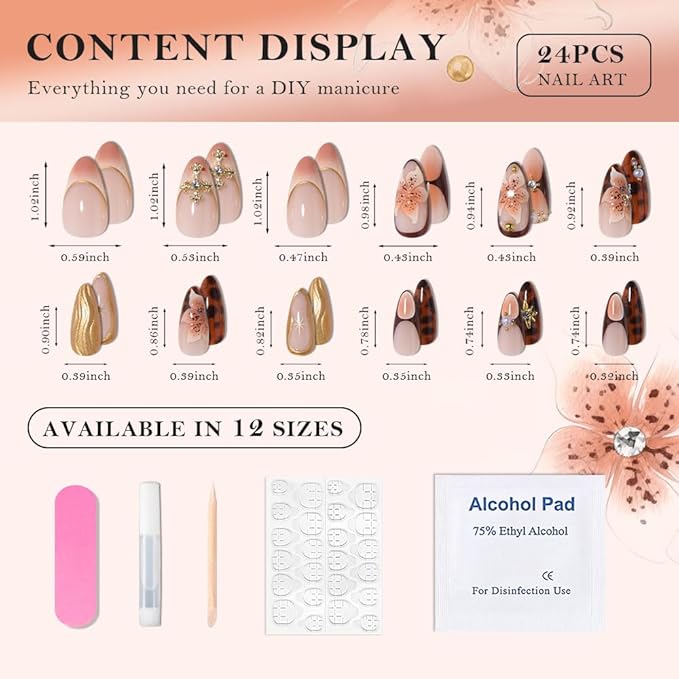 Handmade 3D Flower Brown Press On Nails Medium Almond, 3D Floral Pearl Designer Reusable Acrylic Fake Nail, Stick On Glue On Nail, Nails Press Ons Daily Wear False Goth Nails For Women