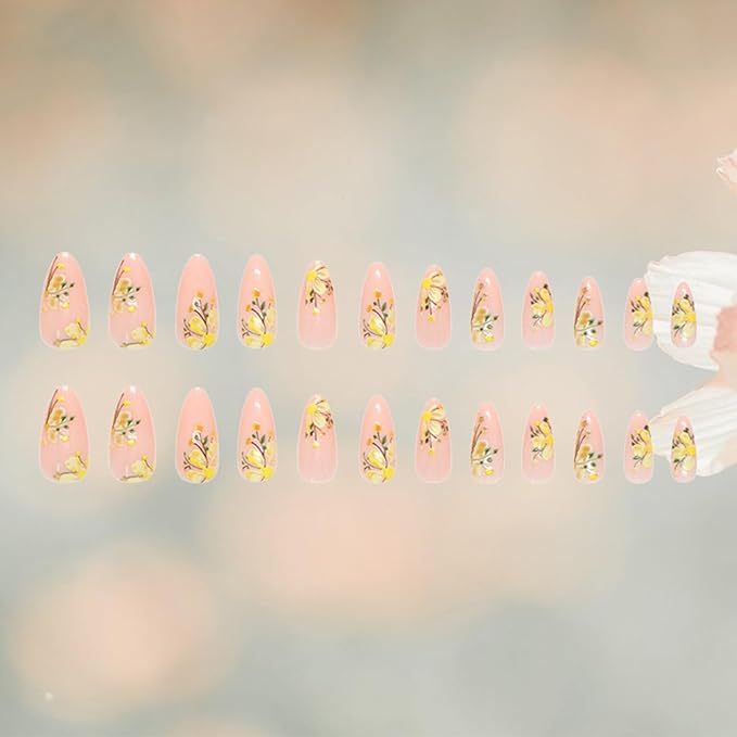 Green Leaves Gel Glue on Acrylic Fake Nails Flower Press on Nails 24Pcs Wild Flowers Press ons Fingernails Glossy Yellow Medium Almond False Nail Oil Painting Stick on Nail for Holiday Manicure Art