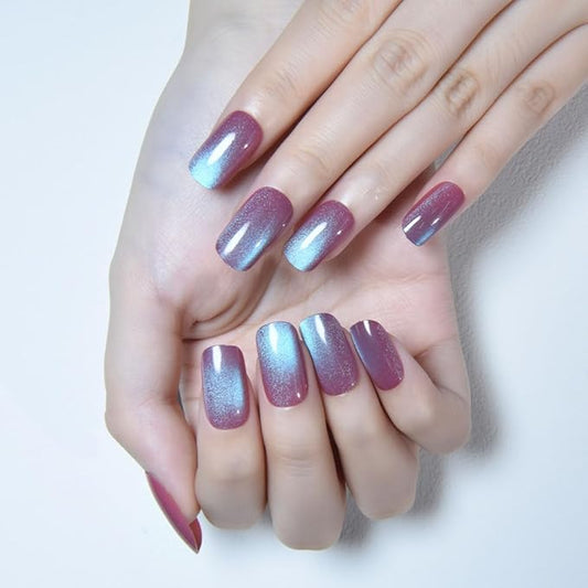 Aqua Blue Reflective Cat Eye Press on Nails Medium Square, Medium Square Press Glue on Nails Chrome for Women, Blue Holographic Glitter Glossy Reusable Gel Acrylic Fake Nail with Designs Cateye Effect