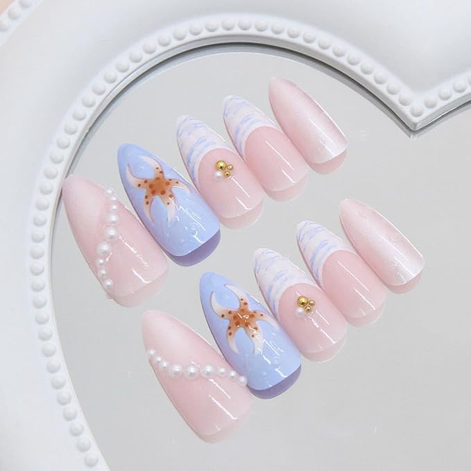 24Pcs Blue French Tip Press on Nails Medium Almond Beach Fake Nails 3D Summer Starfish Hibiscus with Pearl Full Cover Artificial Nails Ocean False Nails Stick on Nail for Acrylic Manicure Supplies