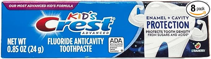 Crest Kids Advanced Toothpaste, Junior Toothpaste 6+ Years Old Enamel + Cavity Protection with Strawberry Flavor, Travel Size 0.85oz (24g) - Pack of 8
